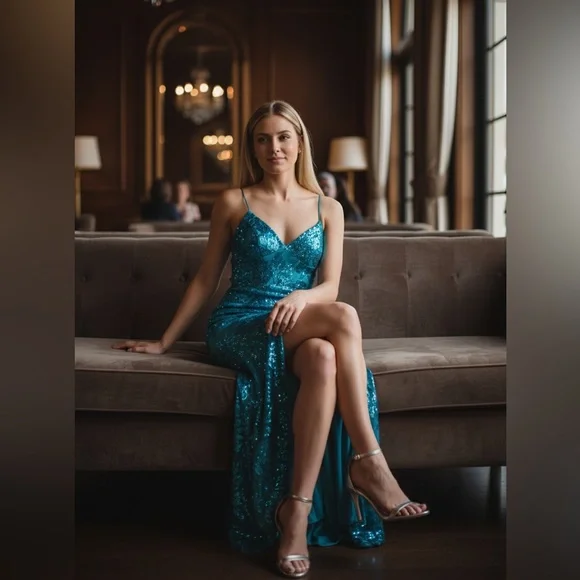 B Darlin Sequin Strappy Back Gown | Turquoise | Size 15/16 XL (Juniors) NWT - Picture 12 of 15